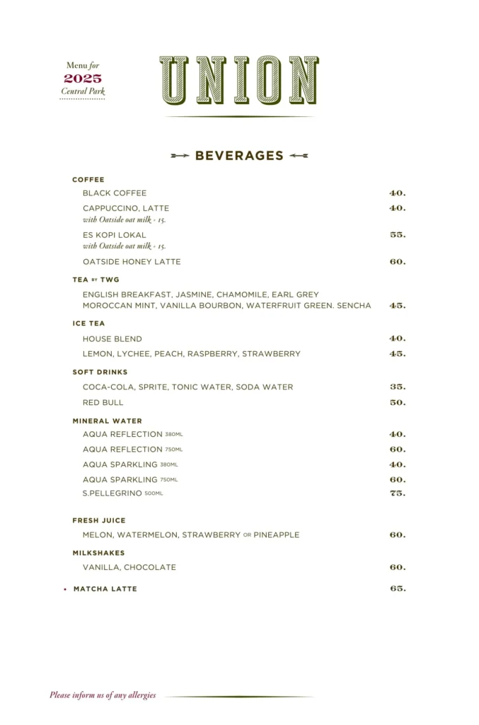Union Central Park Menu
