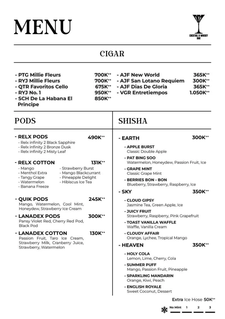 007 bar senopati menu