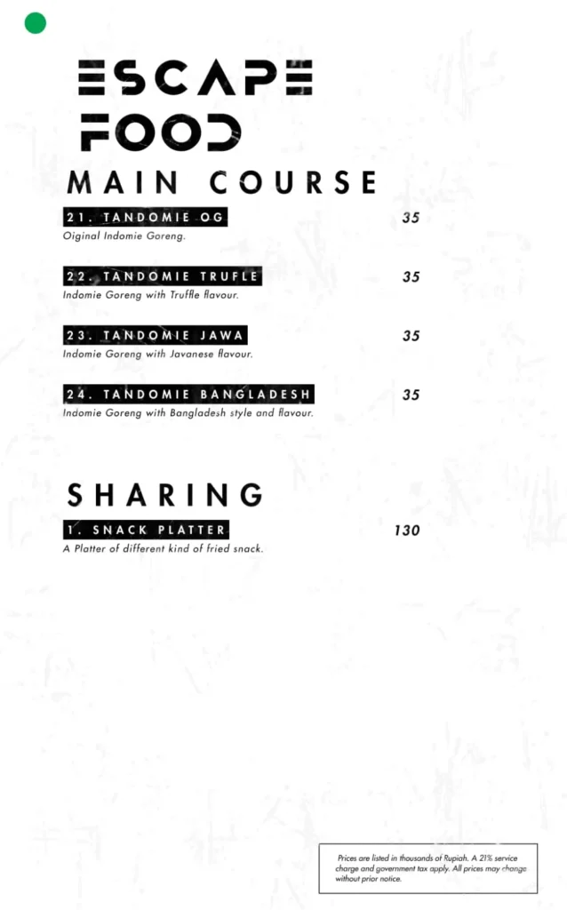 the escape jakarta menu