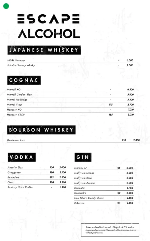 the escape jakarta menu