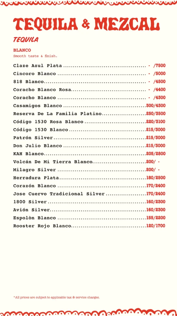 Cantinero Bar Menu