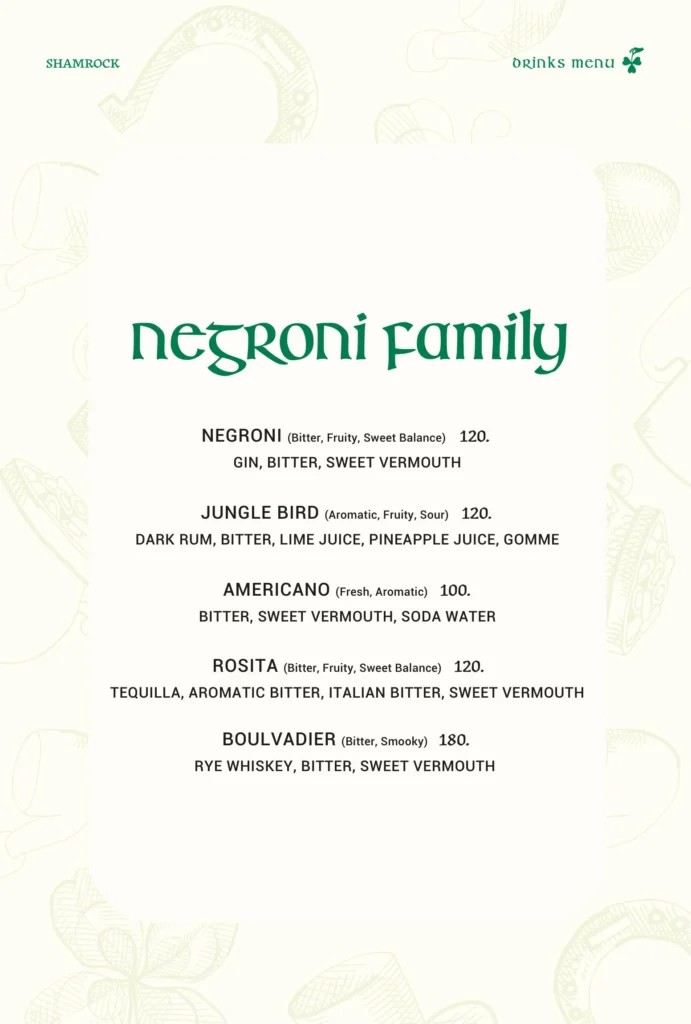 shamrock cocktail menu