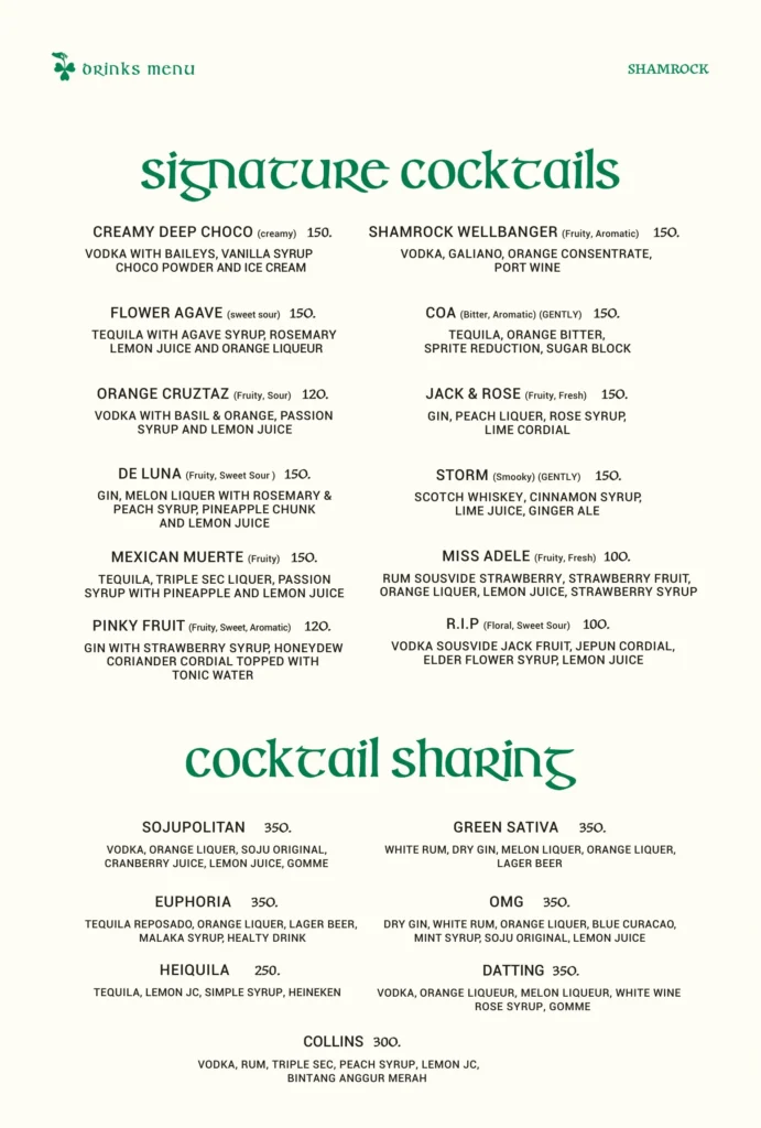 shamrock cocktail menu