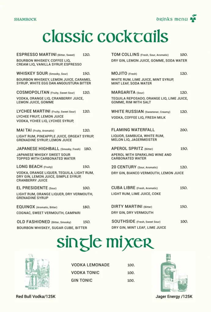 shamrock cocktail menu